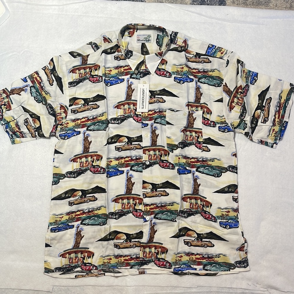 Monticerutti Shirt XL Hawaiian Classic Cars Statue Liberty New York City Palm